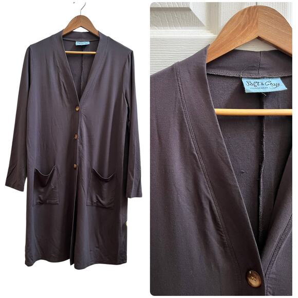 Soft & Cozy Loungewear V Neck Pocket Button Closure Robe Size Medium Gray Bamboo - Picture 8 of 8